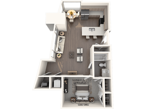 Floor plan for 1 bed, 1 bath, 725 sqft